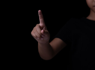 Women pointing or pressing something on black background