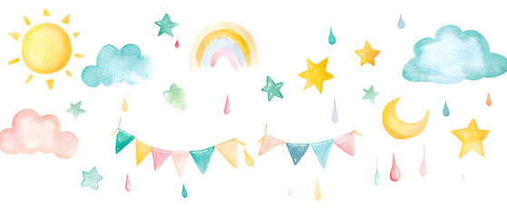 Watercolor Illustration of Cute Rainbow, Clouds, Stars, and Moon for Baby Shower or Nursery Decor, and Moon