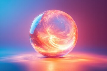 Crystal ball with light swirling inside, isolated on a minimal surface with a gradient background, allowing for text overlay