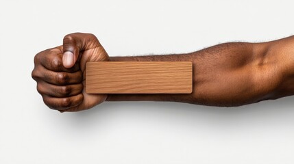 Hand Holding Wooden Sign: A strong hand firmly grips a rustic, rectangular wooden sign, offering a blank canvas for your message.  Perfect for showcasing your text or design.