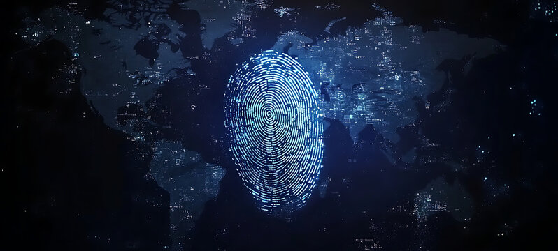 glowing fingerprint on dark blue background with outline of world. created with Generative AI technology