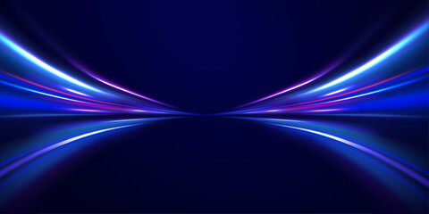 Abstract neon background with shining wires. Motion design. Magic empty space. Panoramic high speed technology concept, light abstract background.