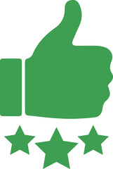 Green thumbs-up icon, three stars, simplistic design, flat graphic, positive feedback symbol, social media rating, minimalist illustration, approval gesture, customer satisfaction indicator