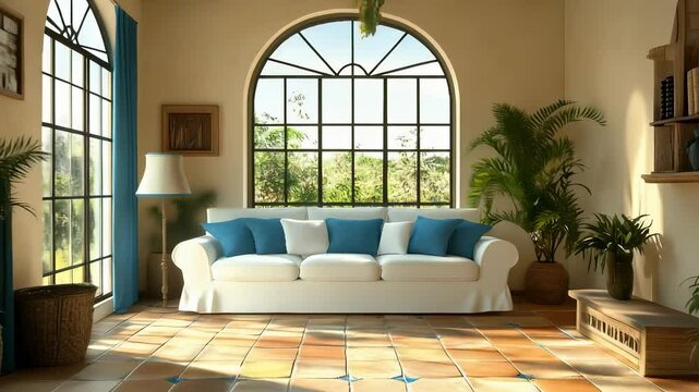 Mediterranean interior design of a cozy living room with white sofa and blue accents
