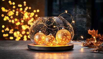 Festive glass bowl with golden ornaments and fairy lights on a dimly lit table.