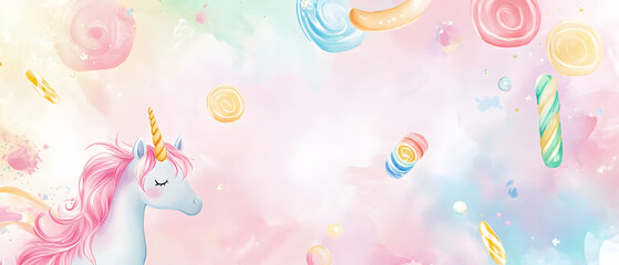 Adorable Unicorn with Candy and Watercolor Background for Kids