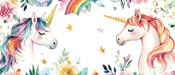 Watercolor Painting of Two Unicorns with Rainbow and Flowers