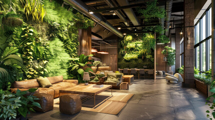 An eco-friendly coworking space with sustainable furniture, green walls, and a commitment to reducing environmental impact.