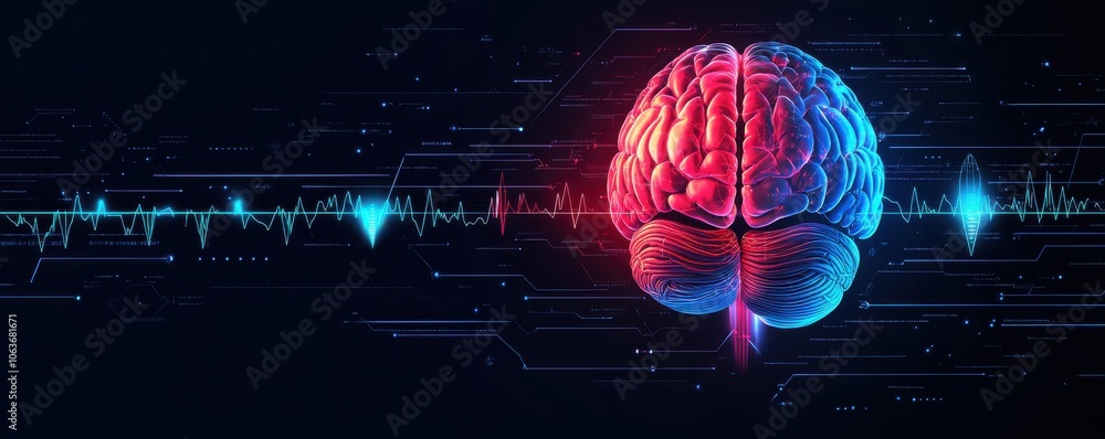 Poster a vivid digital representation of a brain with colorful waveforms, symbolizing the intersection of t