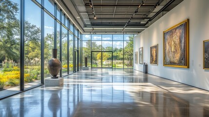 A modern art gallery with large windows showcasing a sculpture and a garden.