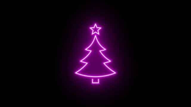 Neon Christmas tree animation, slow blink. Glowing neon Christmas tree icon with star, looped slow flashing animation. New Year tree, christmas decoration, xmas spruce. Purple, red, pink colors