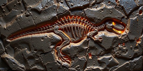 Dinosaur fossil skeleton imprint on textured rock with glowing orange details for paleontology concept