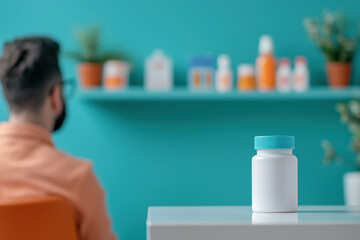 patient sits in bright clinic, focusing on white pill bottle with turquoise lid. background features colorful medication bottles on shelf, creating vibrant atmosphere