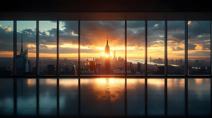 Fototapeta premium Cityscape Sunset View Through Large Windows Realistic Image