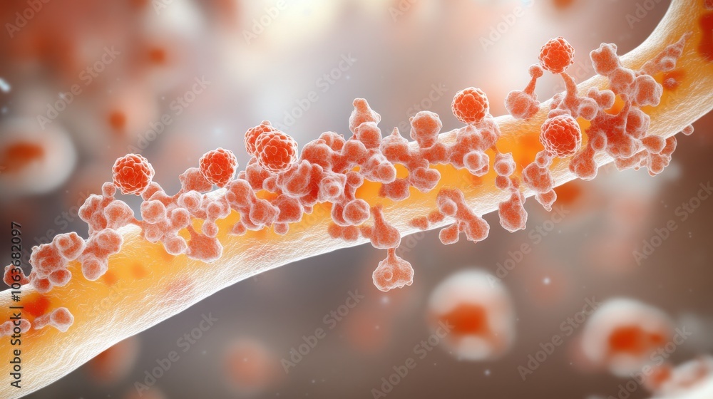 Poster a close-up view of microscopic cells interacting with a biological structure, showcasing intricate d