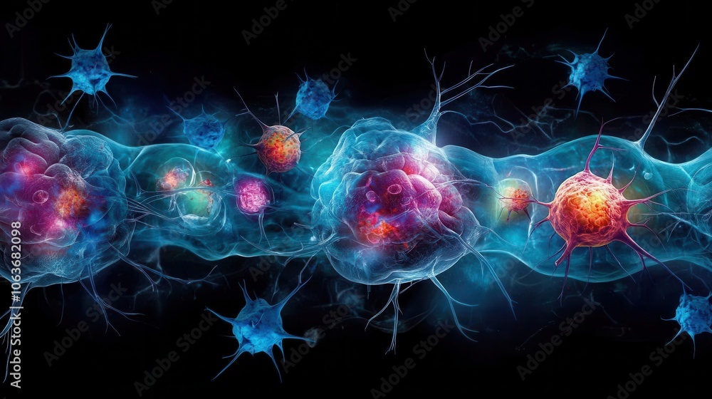 Poster a vibrant visualization of microscopic cells and particles in a dark setting, depicting complex inte