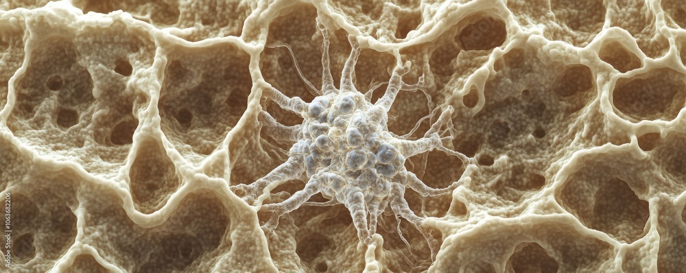 Poster a close-up view of a microorganism displaying intricate structures against a textured background, hi