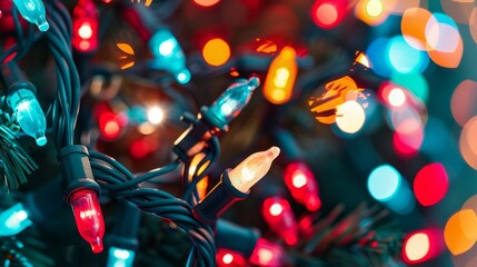 A background filled with festive diffused Christmas lights. 