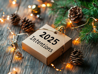 2025 intentions box with festive decorations, pine cones, and lights, creating warm and inviting atmosphere for new year