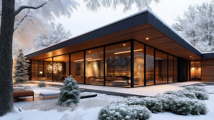 modern house surrounded by snow, featuring large glass windows and cozy atmosphere