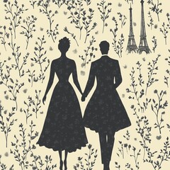 Silhouette of a couple holding hands with floral patterns and Eiffel Towers.