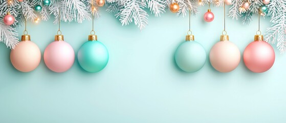 Pastel Christmas ornaments hanging on a pale blue background.