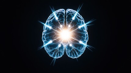 A glowing, futuristic representation of a brain with electric sparks radiating from a central light, symbolizing intelligence and creativity.