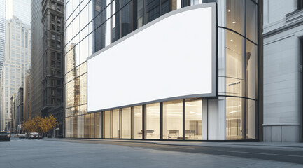 Obraz premium modern building with large blank white wall, perfect for digital advertising, stands in urban setting. sleek design and glass facade create contemporary atmosphere