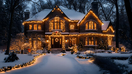 Snowy House with Christmas Lights - Winter Wonderland Photo