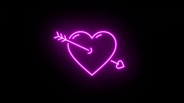 Neon heart animation, slow blink. Glowing neon heart icon with cupid arrow, looped slow flashing animation. Sweet love and passion, romantic date, amore, love feeling. Purple, red, pink colors