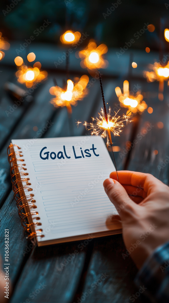 Poster goal list notebook with sparklers creating festive atmosphere, symbolizing celebration and aspiratio