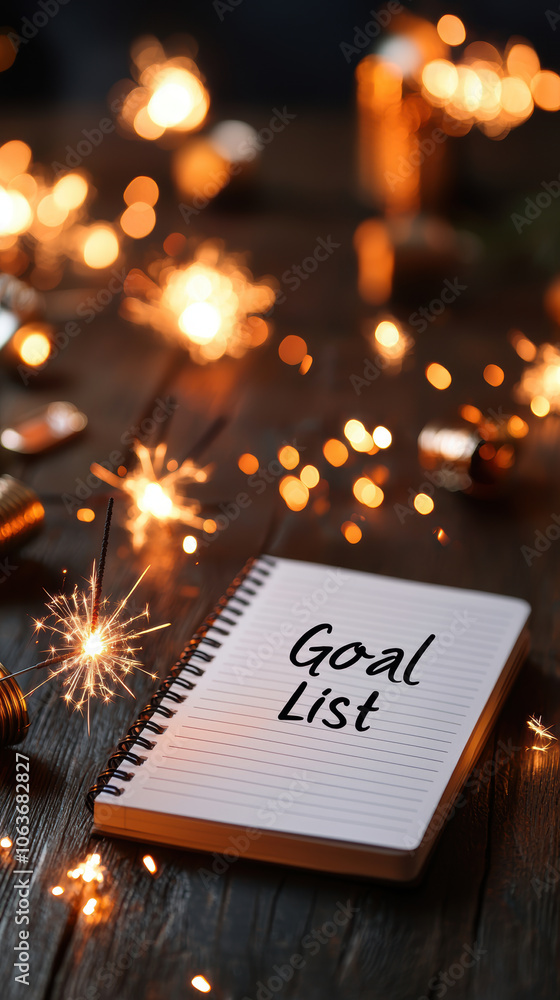 Poster goal list notebook surrounded by sparklers and festive lights, creating celebratory atmosphere perfe