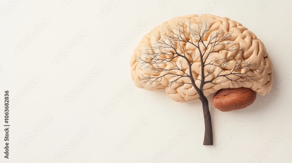 Poster a creative representation of a brain intertwined with a tree, symbolizing growth, knowledge, and the