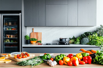 modern kitchen filled with fresh vegetables and herbs, showcasing vibrant array of colors and textures. organized fridge in background complements healthy lifestyle