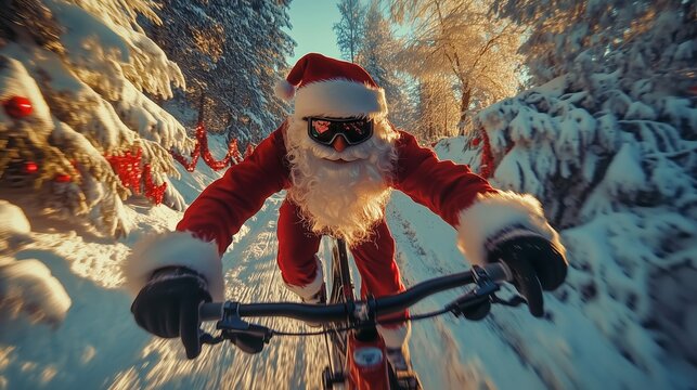 Santa Claus rides a bicycle through a snowy forest, blending festive spirit with outdoor adventure. Perfect holiday imagery.