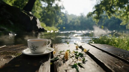 Obraz premium 湖畔の静かな朝：素朴な木のテーブルで自然が咲き誇る中、お茶を飲む