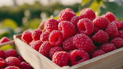 Fresh raspberries in wooden box, showcasing their vibrant red color and juicy texture