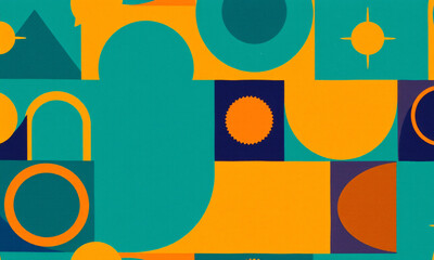 A vibrant retro-inspired pattern with geometric shapes in bold colors like mustard teal and burnt orange