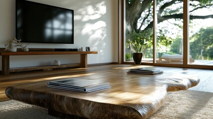 木製家具と自然の景色を備えたモダンでミニマリストなリビングルーム