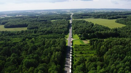 Large number of cargo trucks stuck in a long queue on a highway before a border post. Long queue of trucks.