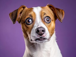 Adorable dog looking shocked, mouth slightly open, expressive eyes, set against a purple backdrop, vibrant and quirky