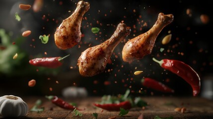 Hyper-realistic depiction of  grilled chicken legs floating in mid-air, with chilies and garlic scattered around.