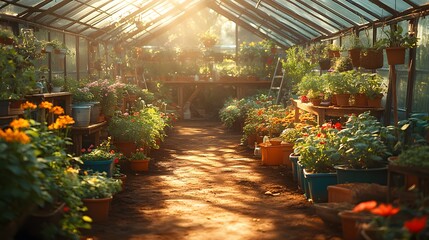 Wide-angle view of empty greenhouse with transparent walls, sunlight casting shadows, clean and open