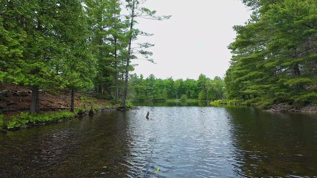 Angler casting rod with artificial baitfish lure for big mouth bass in the early morning, while trolling on inflatable dinghy boat. Fisherman hand holding tackles with lake nature on the background.
