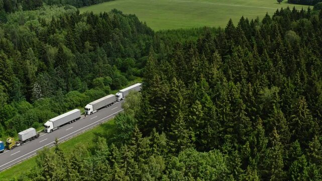 Large number of cargo trucks stuck in a long queue on a highway before a border post. Long queue of trucks.