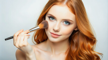 Obraz premium A neat and stylish red-haired girl applies blush with a fluffy makeup brush.