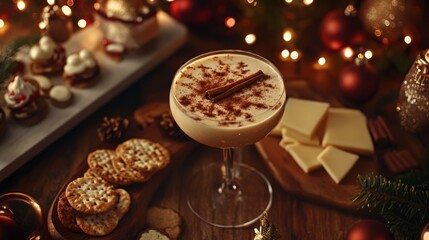 Festive drinks and treats set in a cozy holiday atmosphere.
