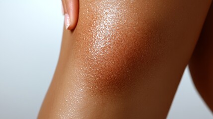 A well-moisturized knee is shown in detailed close-up, with a glistening texture accentuated by gentle, soft lighting that creates an inviting look.