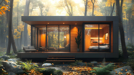 Modern Cabin in Autumn Forest 3D Illustration