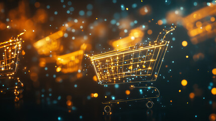 Discount sales shopping carts. Black Friday shopping trolley. Abstract digital technology shopping carts background. Carts in motion blur background with lots of lights.